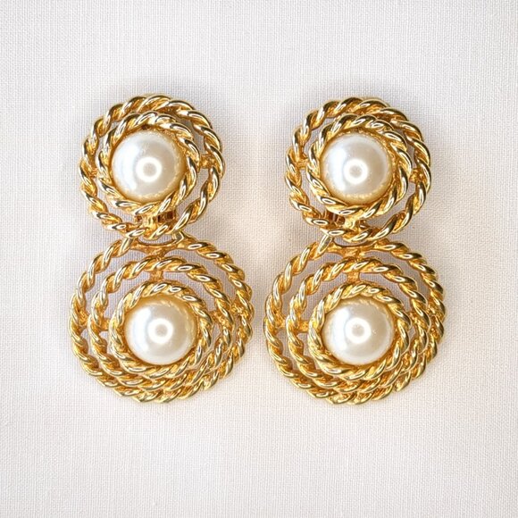 Jewelry - Vintage Gold-Tone and Faux Pearl Drop Earrings